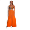 Woman wearing an orange strapless dress with a colorful top on a white background